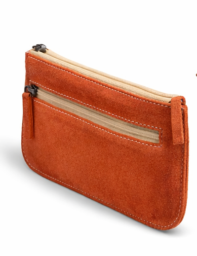 Suede Leather Zipper Pouch | Orange