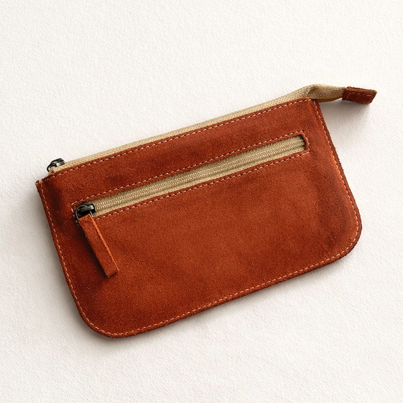 Suede Leather Zipper Pouch | Orange